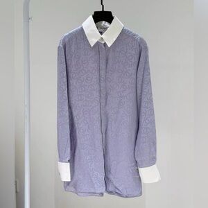 Authentic Chanel Lavender Logo-Pattern Shirt with White Collar